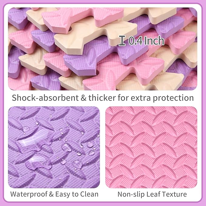 36 Tiles Foam Play Mat for Baby, 0.4 Inch Thick Foam Interlocking Floor Mats, Soft Non-Toxic Baby Playmat, Solid Colored Puzzle Play Mat Kids Floor Mats for Toddler(Pink/Beige/Purple)