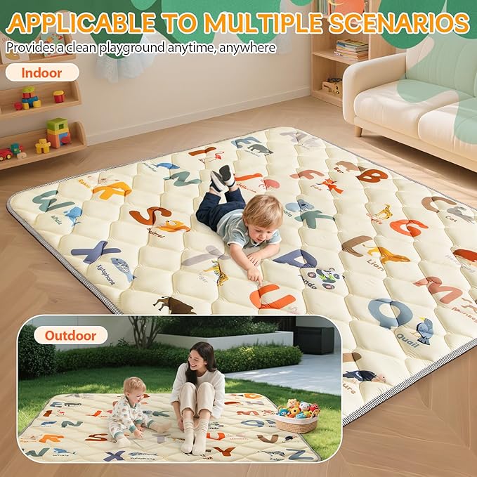 Baby Play Mats for Floor - 50x50 Playpen Mat - Cushion Play Mat for Babies and Toddlers Infants - Foam Play Mat Non-Slip & Machine Washable - Animals Alphabet Design