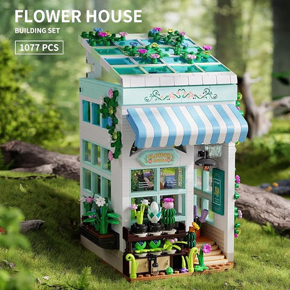 Flower House Building Set with LED Light, 1077 PCS Greenhouse Model Building Toy with Flowers Potted Plants, Garden House Book Nook Home Decor Birthday Gift for Adults Teens Girls Age 8-12