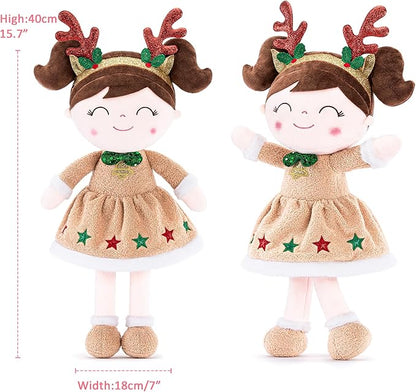 Gloveleya Christmas Reindeer Girl Plush Doll – 16" Soft Stuffed Animal Holiday Toy with Antlers, Gift Box & Card, Xmas Present for Toddler Girls, Baby Shower & Birthday Gift