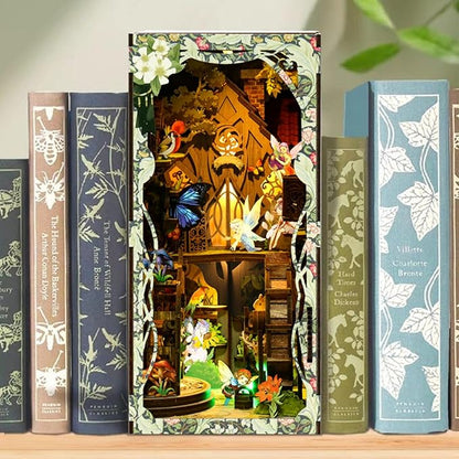 ISSEVE Book Nook Kit, DIY 3D Wooden Puzzle Dollhouse Booknook for Adults, Tiny Miniature House Kit Bookshelf Decor with LED Light and Dust Cover, Gifts for Family and Friends (Forest Secret World)