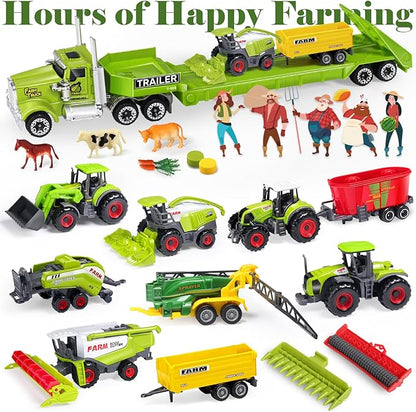 Oriate Kids Farm Toys Realistic Tractor Vehicle Playset, Diecast Car Set Educational Mini Farm Animals with Flatbed Trailer, Birthday Gift for Children 3 Year Old