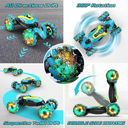 DEERC Gesture Sensing RC Stunt Car with Fog Mist & Music, 4WD Hand Controlled Remote Control Drift Car Toy for Kids, All Terrain Off-Road Double-Sided Driving with Lights, Birthday Gift for boy