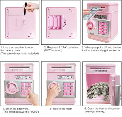 Piggy Bank Electronic Mini ATM for Kids Toy, Safe Money Saving Box Coin Banks Password Code Lock for 3-14 Years Old Kids, Boys Girls Ideal Gift (Light Pink)
