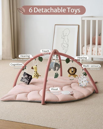 Blissful Diary Baby Play Gym & Activity Mat, Oversize Leaf Shaped Tummy Time Baby Play Mat w 6 Detachable Toys Promotes Motor Skills & Sensory Development, Newborn Infant Essentials Gift, Crystal Pink