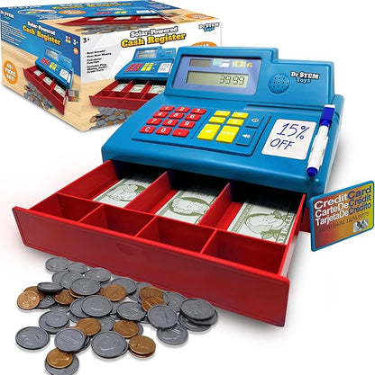 Dr. STEM Toys Solar Powered Calculator Pretend Cash Register with Play Money – 67-Piece Set for Learning Math Skills, STEM Cash Register for Kids (Blue)