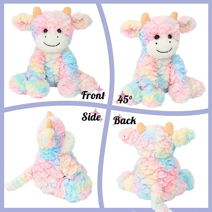 Hopearl Adorable Plush Cow Toy Colorful Floppy Dairy Cattle Soft Stuffed Animal Cute Birthday Gifts for Boys Girls Kids Toddlers, Rainbow, 9''