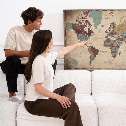 Canvas World Map with Cork Pin Board - English Lettering - Decorative Wall Decoration for All Rooms - Canvas Pictures with World Map Motif (150x100 cm, Pattern 12)