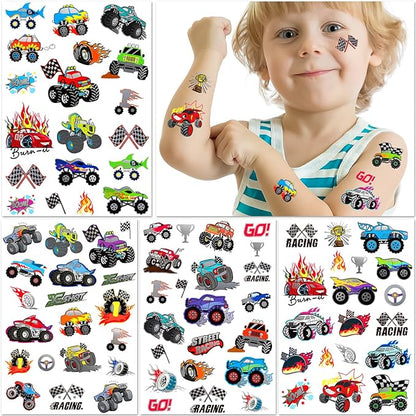 75 PCS Truck Temporary Tattoos for Kids, Groovy Metallic Styles Tattoos for Truck Wheels Birthday Party Supplies Racing Car Checkered Flag Trophy Flame Fake Tattoo Stickers for 5 6 7 8 Years Old Boys