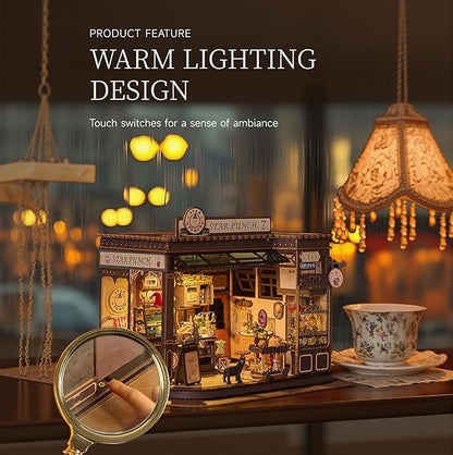[2025 New] Coffee Shop Miniature House Kit with LED Light, Book Nook Kit with Cover for Birthday, 3D Wooden Bookends Puzzle Bookshelf Decor Building Kit Birthday Gifts for Family, Friends