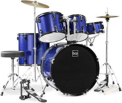 Best Choice Products 5-Piece Full Size Complete Adult Drum Set w/Cymbal Stands, Stool, Drum Pedal, Sticks, Floor Tom - Dark Blue Sparkle