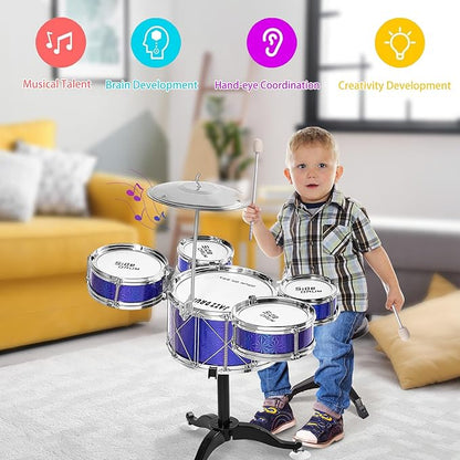 Tinylife Kids Drum Set, Jazz Drum Kit 5 Drums with Cymbals, Sticks, Throne for Toddlers Little Rockstar Toy for Baby Boys Girls Gifts (Navy)