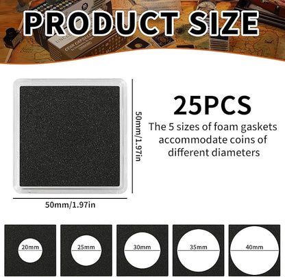Uncle Paul 25 PCS Coin Capsules, Coin Snap Holders with 5 Sizes Black Gaskets 20/25/30/35/40mm, Clear Coin Cases for Coin Collection Supplies Silver Dollar Pounds Cents