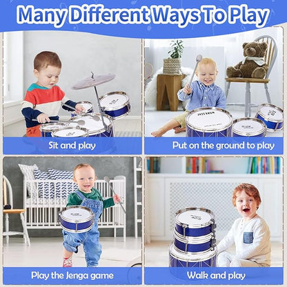 Tinylife Kids Drum Set, Jazz Drum Kit 5 Drums with Cymbals, Sticks, Throne for Toddlers Little Rockstar Toy for Baby Boys Girls Gifts (Navy)