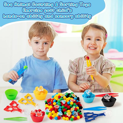 EZdhuawuse Summer Sensory Bin Fillers - 387Pcs Sea Ocean Animal Multi-Pack Fine Motor Toys Math Color Sorting Set for Multiple Kids, Felt Shark Crab Pom Poms Cup Clip for Preschool Education Training