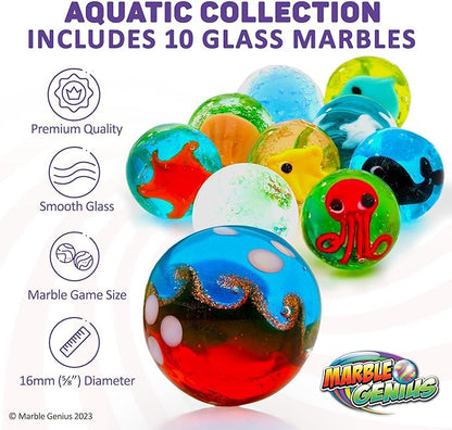 Marble Genius Collectors Marbles, Aquatic, 16mm (⅝ Inch), 10 Handmade Glass Marbles, Gifts for Marble Lovers, Gifts for Kids Ages 3+
