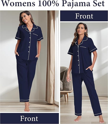 CF Womens 100% Cotton Pajamas Set Button Down Pjs Sets Short Sleeve Top & Long Pants Sleepwear Comfy Loungewear with Pockets