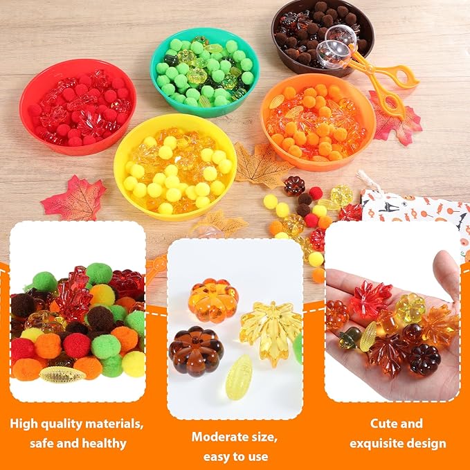 344 Pcs Fall Sensory Bin Filler Fine Motor Toys Counting Sorting Sensory Bins Pom Poms Pumpkins Acorns Maple Leaves Corn Sorting Cups Tweezers Clips Storage Bags for Fall Festival Games