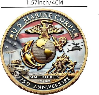 USMC 250th Anniversary Challenge Coin – 1.57" Double-Sided Gold-Plated Marine Corps Commemorative Coin – Military Gift for Veterans, Collectors, and Service Members(3pcs)