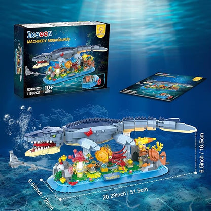 Mosasaurus Building Set with LED Light, 1219 PCS Movable Ocean Animal Building Block Toy with Nautiluses Jellyfish Squid Coral Reef, Ancient Reptile Home Decor Gift for Adults Teens Boys 12+
