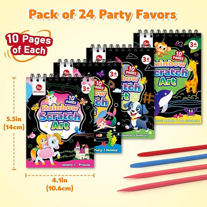 Mocoosy 24 Pack Scratch Art Party Favors for Kids, Birthday Goodie Bag Stuffers, Rainbow Scratch Notebook Bulk Classroom Prizes, Kids Art and Craft Kit Bulk Return Gifts Prize Box Toys for Boys Girls
