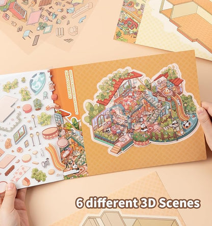 Sticker Book, 6 Sets DIY 3D House Stickers, Fun DIY Stickers Scene Make Your Own Mini House Cute Cartoon Animal Scene Sticker for Kids Adult Sticker Art Relief Stress Pass The Time