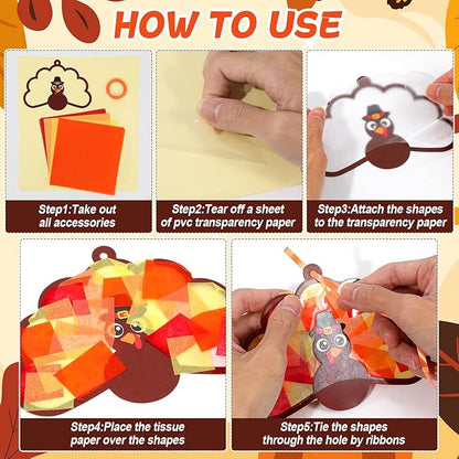 Qyeahkj 36 Set Thanksgiving Turkey Suncatchers Craft Crafts for Kids DIY Fall Window Tissue Paper Craft Kit Autumn Hanging Decor for Harvest School Home Activity Art Project Birthday Party Favor Gift