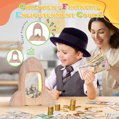 Wooden Piggy Bank for Kids, DIY Night Light Personalized Money Bank for Boys, Girls, Unbreakable Saving Box with Paintbrush and 12 Paints, Coin Jar Gifts for Kids Birthday Decor (Rocket)