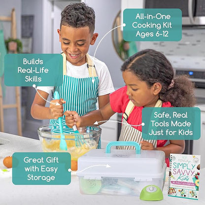 Tovla Jr. Kids Real Cooking Set | Cooking Tools for Kids Ages 5–12 | Montessori-Inspired Beginner Kitchen Kit with Visual Recipe Cookbook & Storage Case | Christmas & Birthday Gift for Boys & Girls