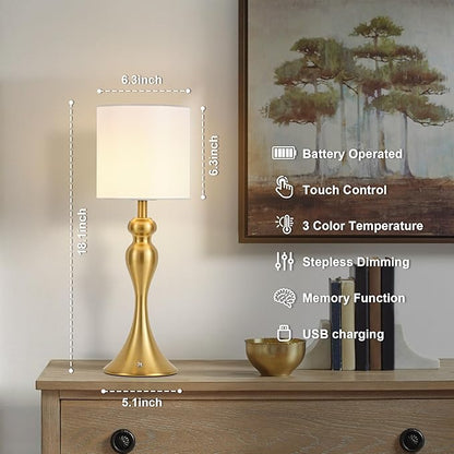 Table Lamp for Bedroom, Cordless Bedside Lamps for Living Room, Touch 3-Way Dimmable Desk Lamp for Night Stands, Rechargeable, Battery Operated Lamp with Fabric Shade for Dorm, Home Office (Brass)