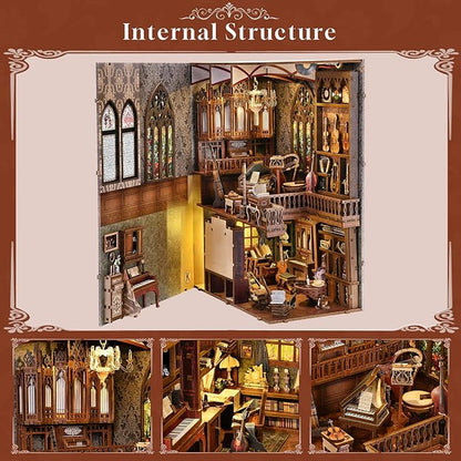 Book Nook Kit Music, DIY Miniature House Kit Book Nook, 3D Wooden Puzzle Bookshelf Insert Diorama Kit with Led Light for Teens and Adults (Timeless Melody)