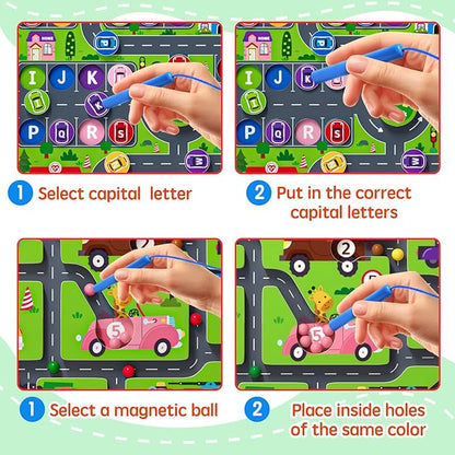 Magnetic Maze 2 in 1 Double Side Color and Number Maze Alphabet Puzzle Board for 3-5 Boys and Girls Kids Montessori Educational Toys (Car, One Size)