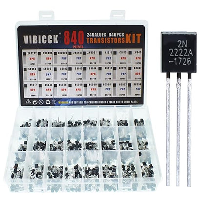 24 Value 840-piece Assorted Type General Purpose TO92 Transistors PNP NPN Bipolar Power Transistor Assortment Kit with Individual Compartment