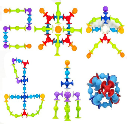 48 Piece Suction Cup Toys Construction Set - Silicone Building Blocks DIY Fun Bath Toys for Kids Ages 1-3, travel essentials for toddlers 1-3, Darts Sucker Toy with Toddler Road Trip Essentials