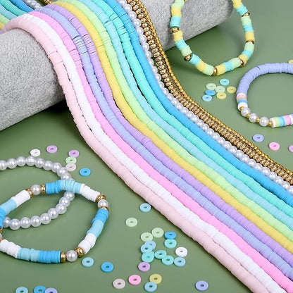 AceFun 3750PCS Clay Beads for Bracelets Making Polymer Clay Beads Kit with Pearl Beads Spacer Beads, Disc Heishi Beads Set for Jewelry Making Necklace Bracelet Earrings Finding, Macaroon Colors Mixed