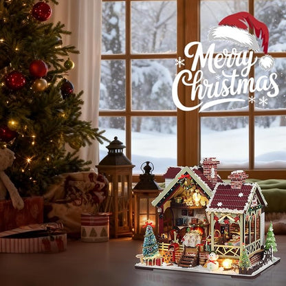 Christmas Miniature Dollhouse Kit, DIY Miniature House Kits for Adults, Mini Model Building Sets with Furniture, Snowman and Christmas Tree, Wooden House Kit Decoration Gift