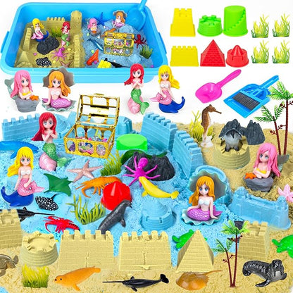 Ocean Sensory Bin, 57 Pcs Mermaid Sand Art Kit Castle Sea Animal Molds Sandbox Toys, Mermaid Play Sand Toy Sensory Playsand for Kids Toddlers, Birthday Gifts for Boys Girls Ages 3 4 5 6 7