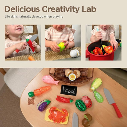 GILOBABY Play Kitchen Accessories, Play Food Sets for Kids Kitchen Playset with Pots and Pans Set, Cooking Utensils, Preschool Learning Education Toys for Toddlers, Birthday Gifts for Girls (Red)
