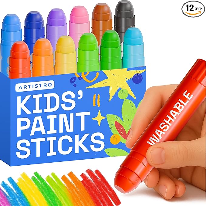 ARTISTRO 100% Washable Tempera Paint Sticks for Kids - 12 Non-toxic Paint Markers for Kids - Color Sticks with Twist Design