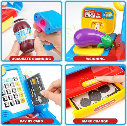 Cash Register Toy for Kids with Real Calculator, Cashier Register with Scanner/Weighter/Credit Card/ Play Money/ Food/Microphone, Pretend Play Store with Apron and Shopping Bag for Kids 3 4 5 6 7