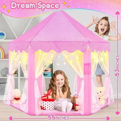 EVOIONOS Princess Tent with Lights and Rug, Play Tent for Girls, Kids Tent Indoor and Mat, Princess Castle Playhouse Tent for Girls, Pink Girls Tent for Toddlers, 55 x 53 inch Toy Tent