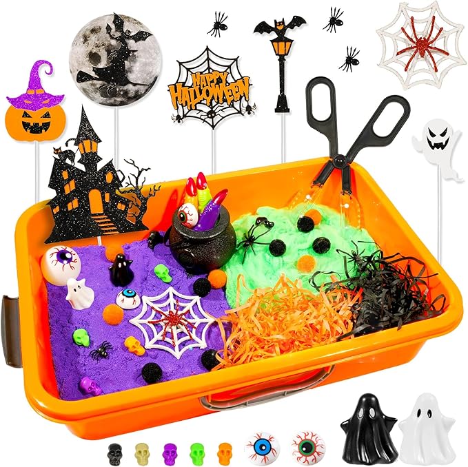Bbiamsleep Halloween Sensory Bin, 141 Pcs Halloween Sensory Sand Kit with Color Sand for Birthday Party