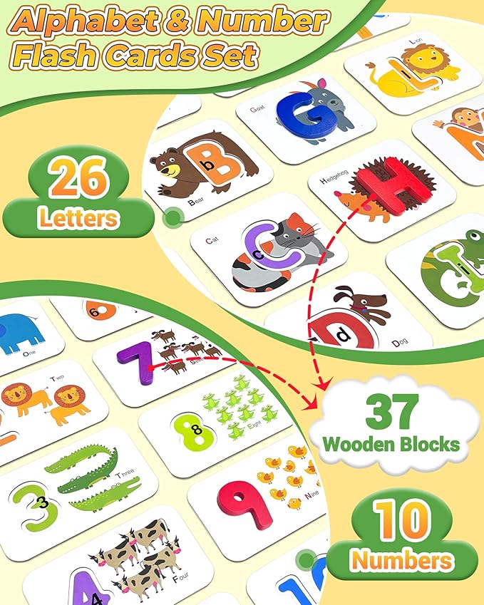 Gojmzo Alphabet Flash Cards, ABC Learning Toys for Kids 3-5, Wooden Letters Number Blocks Sight Words Matching Game, Toddler Preschool Learning Activities, Montessori Educational Toys for 3+ Year Old