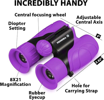 Promora Binoculars for Kids, Set with Magnifying Glass & Compass Purple - Perfect Toy for Little Boys and Girls, Kids Binoculars for 3-12 Years Boys and Girls Present for Toddler