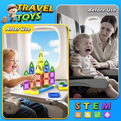 Mini Magnetic Tiles Travel Toddler Toys with Metal Tin Portable STEM Building Kids Toys for 3 4 5 6 7 8+ Years Old Boys & Girls & Birthday Gifts