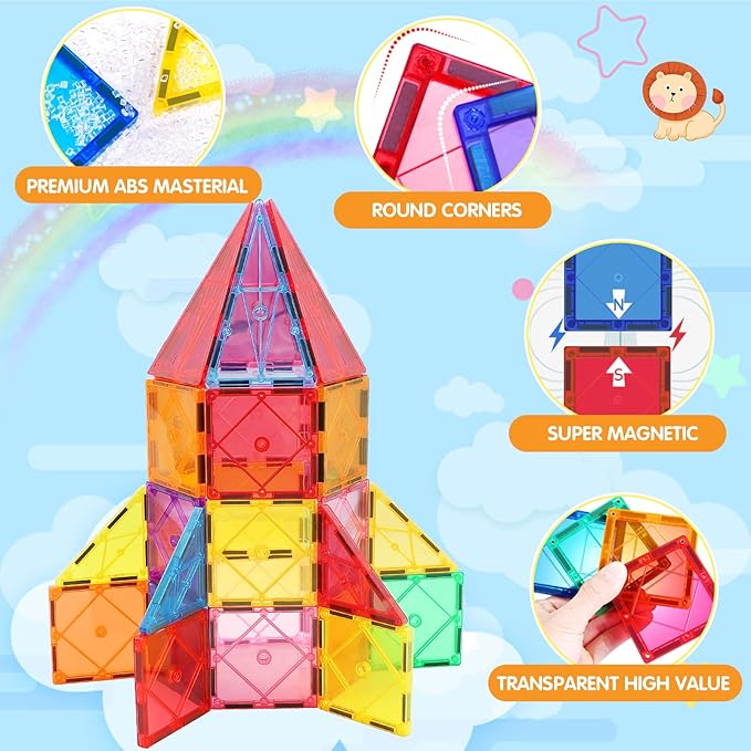 100PCS Magnetic Tiles Kids Toys - Magnetic Building Blocks STEM Magnet Building Set Preschool Learning Magnet Toys for Kids Ages 3-5 4-8, Sensory Montessori Toy for Toddlers 3+ Year Old