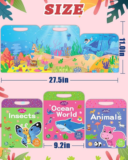 Benresive Reusable Sticker Book for Toddlers 2-4 Years, 3 Sets Travel Stickers for Kids, Waterproof Sticker Books for Toddlers 1-3, Crafts Activities for Todddlers 1-3 2-4 3-5
