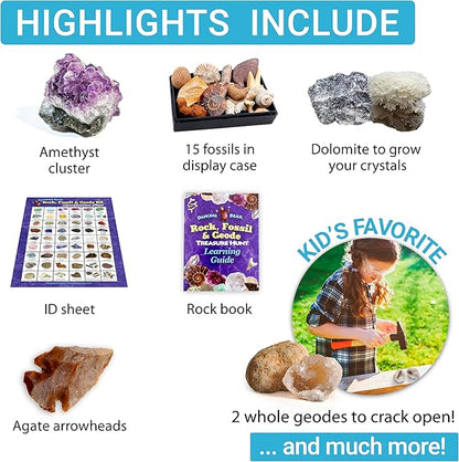 DANCING BEAR Rock, Mineral & Geodes Treasure Hunt Activity Kit (250 Pc Set) Real Shark Teeth Fossils, ID Sheet & Rock Book, STEM