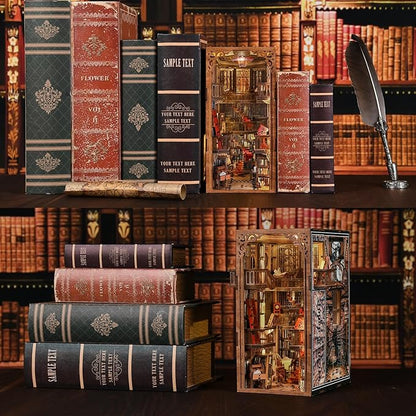 Book Nook Kit, DIY Miniature Dollhouse Booknook Kit, 3D Wooden Puzzle Bookend Bookshelf Insert Decor with LED Light for Teens and Adults (Abbey Library)