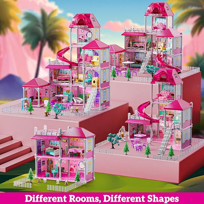 Villa Playset for Girls Ages 3-7, 4-Storey House with 10 Rooms, 2 Dolls, Furniture and Accessories, Indoor Playset Girls Toys for Ages 6-8, Pretend Toddler Toys, Birthday Gifts for Kids 4-8